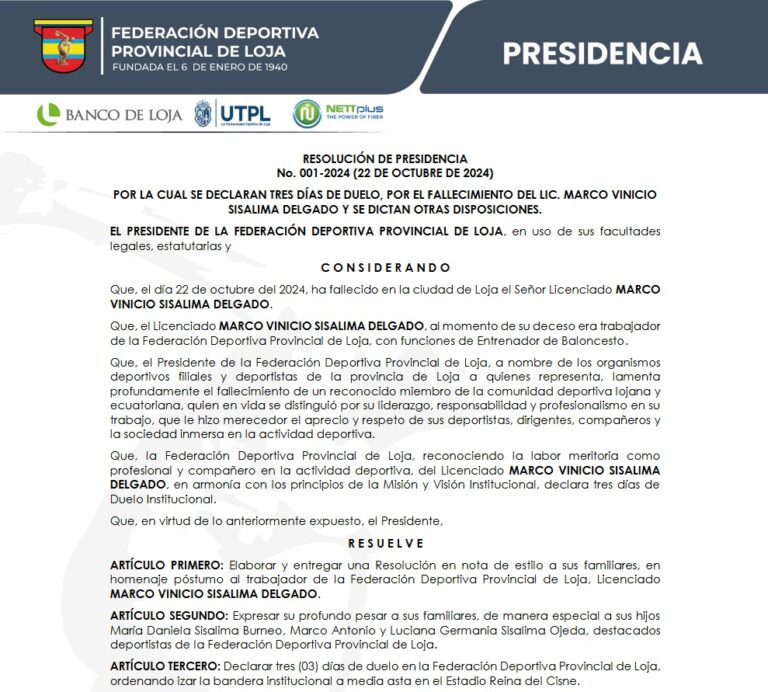 RESOLUCIÓN DE PRESIDENCIA No. 001-2024 (22 DE OCTUBRE DE 2024)